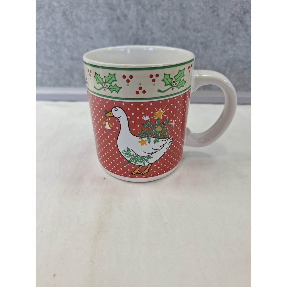 Vintage Christmas Goose Ceramic Mug Red Polka Dot Holly Holiday Coffee Cup